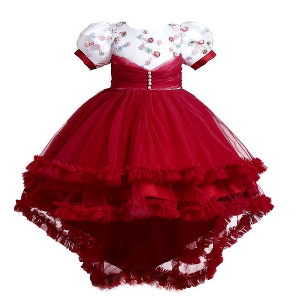 Vestido Para Niñas Ropa Para Niñas Bebés Vestidos Para Niños Vestido De Princesa Sin Mangas Vestido De Malla De Flores Borgoña Odeerbi LM103-5815