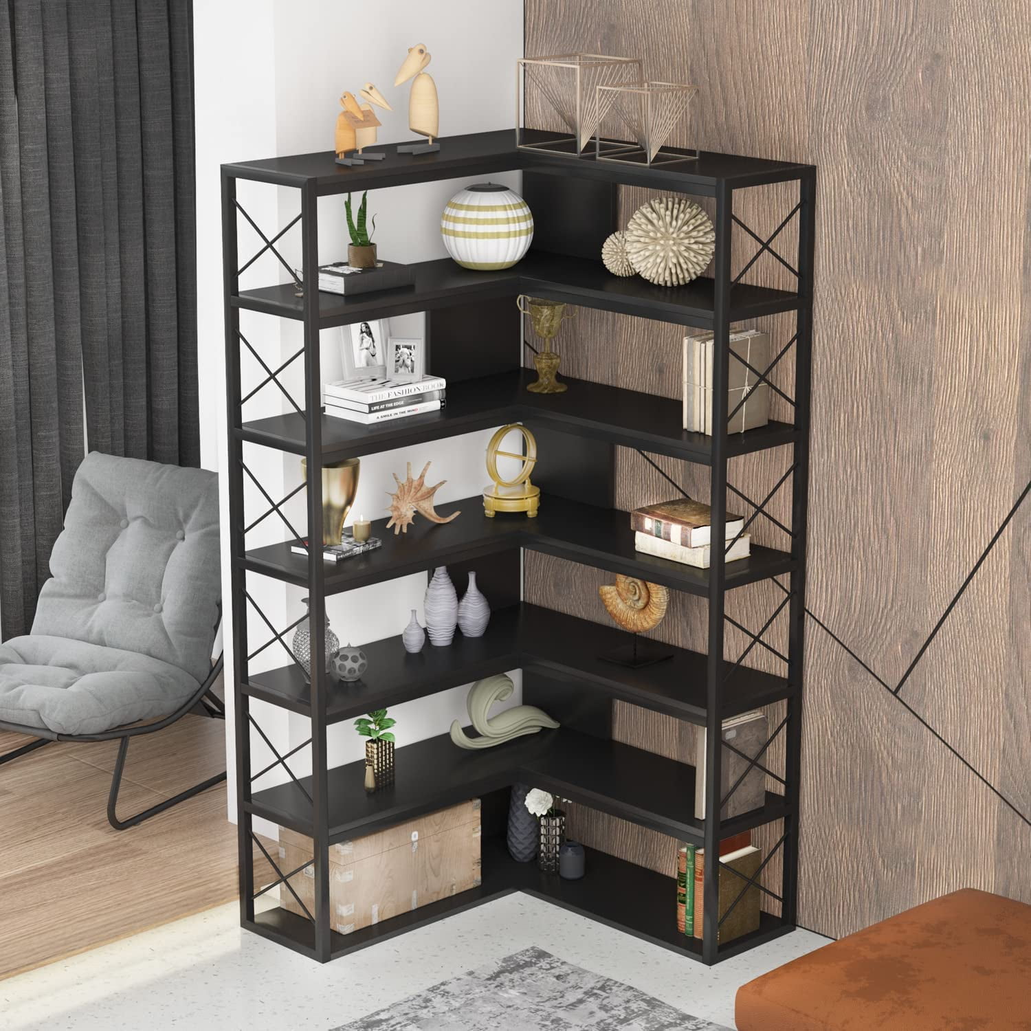 6Tier Corner Bookshelf Bookcase, Industrial Corner Etagere Bookcase, Vintage 6Shelf Book
