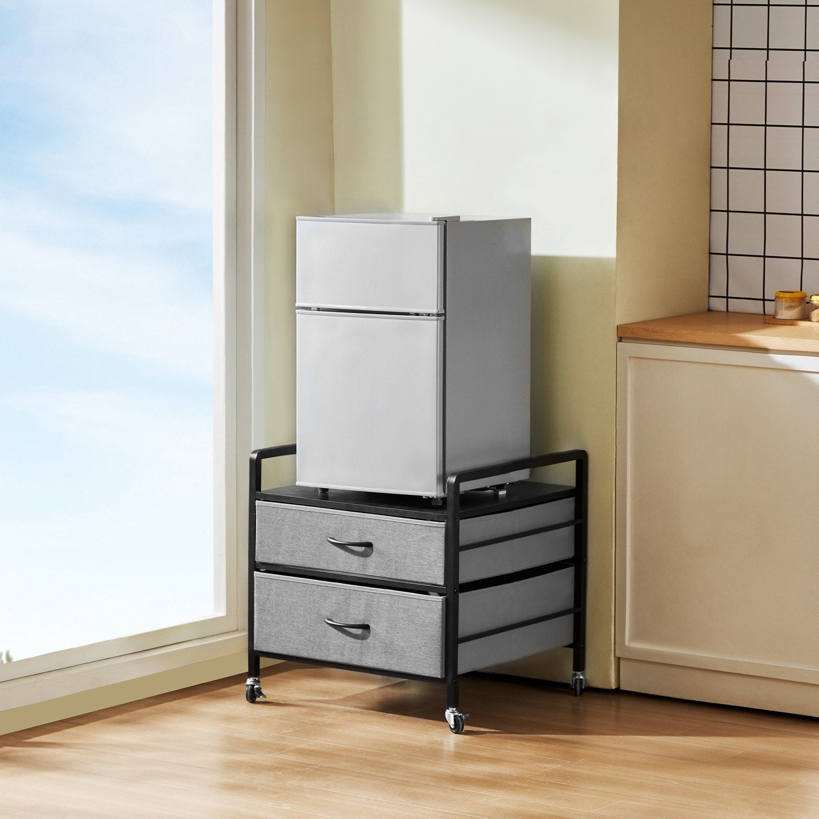 Mini Fridge Stand with Storage 176 lbs Gray Mini Fridge Table 2 Drawers