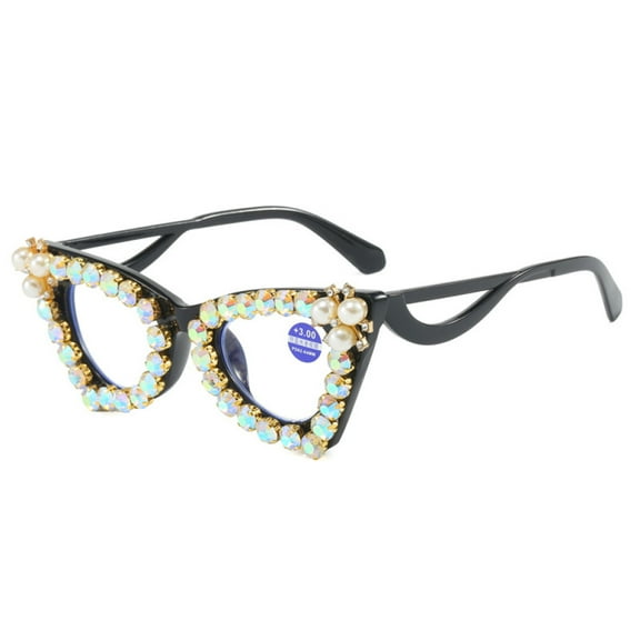 Women Black Frame Cat Eye Pearl Diamond Party Reading Glasses 1.0 Elegant Blue Light Blocking Readers  1.00 strength
