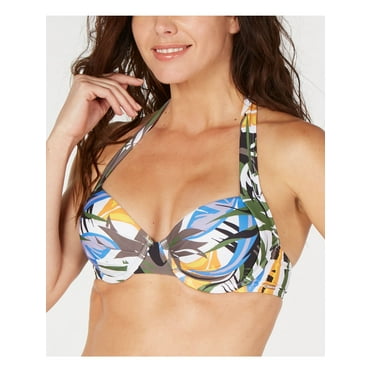 CALVIN KLEIN Women's Green Tropical Print Stretch Tie Back Lined Deep V Neck Fixed Cups Halter Swimsuit Top XS
