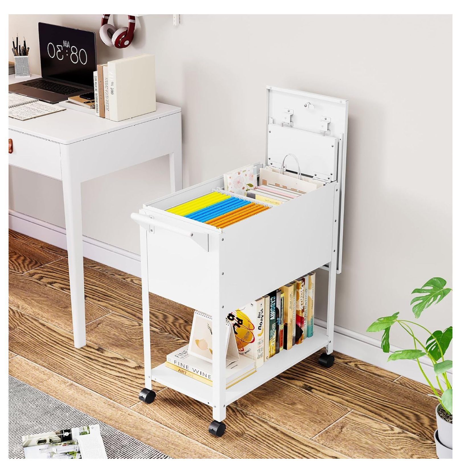 Rolling File Cart with Wheels Hanging Files,Rolling File Cabinet Organizer,Rolling Hanging File Folder Cart on Wheels,Metal Filing Cart,Fit A4/F4/Letter/Legal File for Home Office (White)
