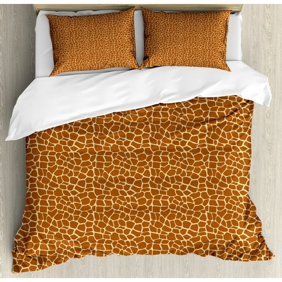 Earth Tones Queen Size Duvet Cover Set, Giraffe Skin Background African Safari Animal Savannah Inspired Design, Decorative 3 Piece Bedding Set with 2 Pillow Shams, Cinnamon and Beige, by Ambesonne