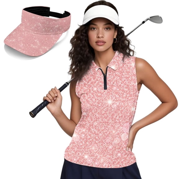 Aplkyhs Pink Glitter Women's Golf Shirt and Sun Visor Hat Set Sleeveless Collared Racerback Quick Dry Moisture Wicking Fabric Adjustable UV Protection Sun Visor for Golf,Running,Outdoor Activities