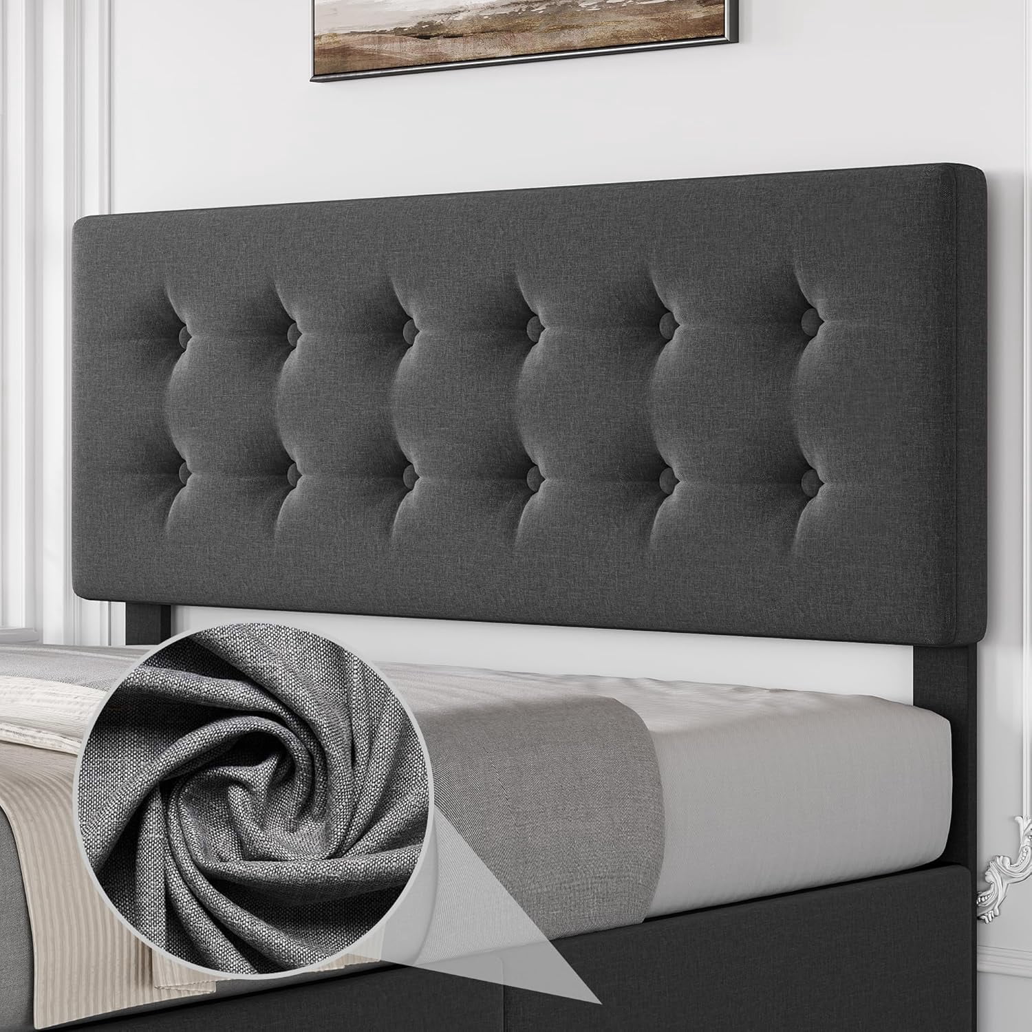 Full Size Linen Upholstered Bed Frame with 4 Storage Drawers, Button Tufted Headboard, No Box Spring, Dark Grey