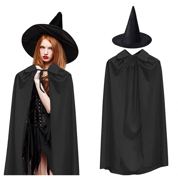 Witch Costume for Women Halloween with Distressed Hat and Black Hooded Cloak Cape. 2PC Witch-Accessory Set