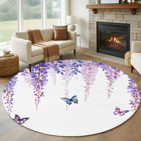 Round Area Rug 5 Ft, Wisteria Washable Non-Slip Circle Carpet for Living Room/Bedroom, Purple Flowers Butterflies Vintage Spring Low-Profile Runner Mats Collection Rugs for Indoor