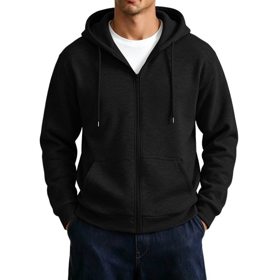 Nestiefly Full Zip Hoodies for Men Oversized Hooded Fleece Sweatshirt Thermal Open Front Cardigan, Zipper Jackets, Basic Fit, Warm Black S