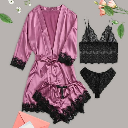 Levmjia Pajamas for Women Set Clearance Summer Plus Size 4-Piece Women Sexy Garter Lingerie Set Robes Lace Bodysuit Deep-V Neck Underwear