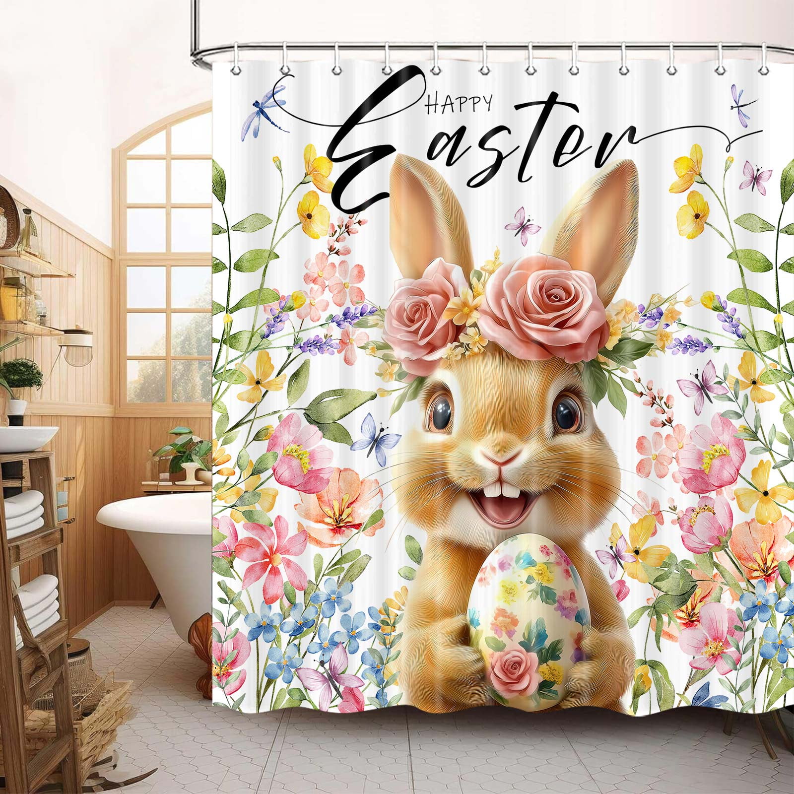Spring Easter Bunny Shower Curtain, Happy Easter with Cute Rabbit Eggs Flower Shower Curtain for Bathroom, Colorful Floral Animal Farmhouse Spring Holiday Bath Curtain with Hooks, 69X70IN