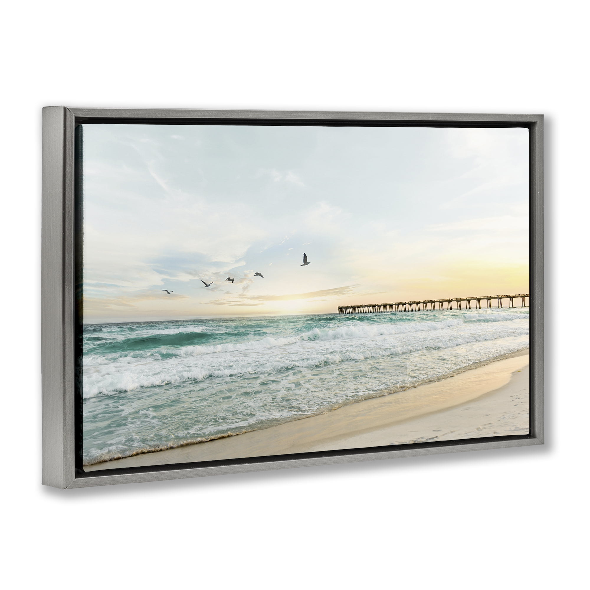 Stupell Industries Birds at Beach Pier Landscape & Nature Photography Gray Floater Framed Canvas Art Print Wall Art, 25 x 17