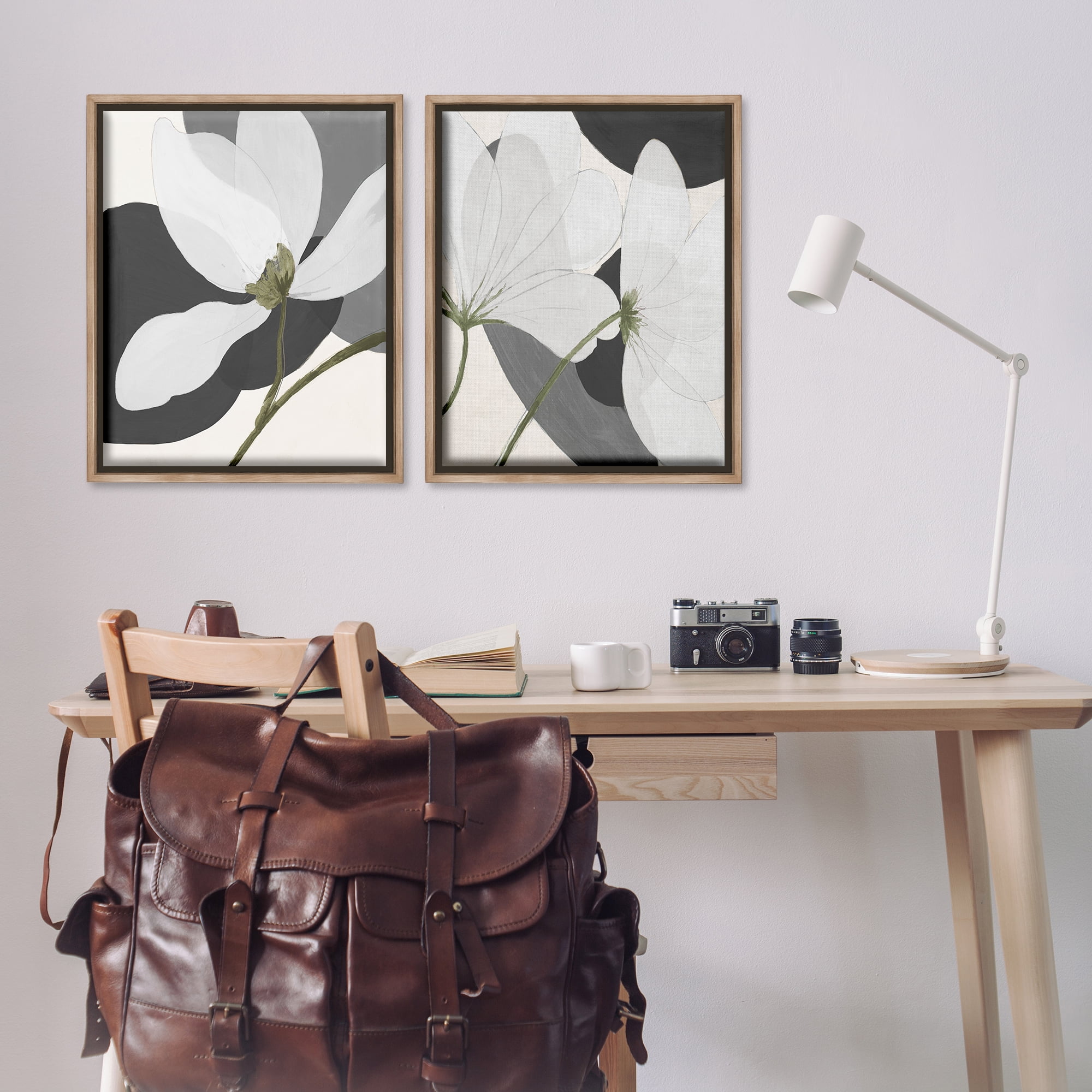 Stupell Industries Large White Petal Drawing Plants & Flowers Painting Brown Floater Framed Canvas Art Print Wall Art, 31 x 25, Set of 2
