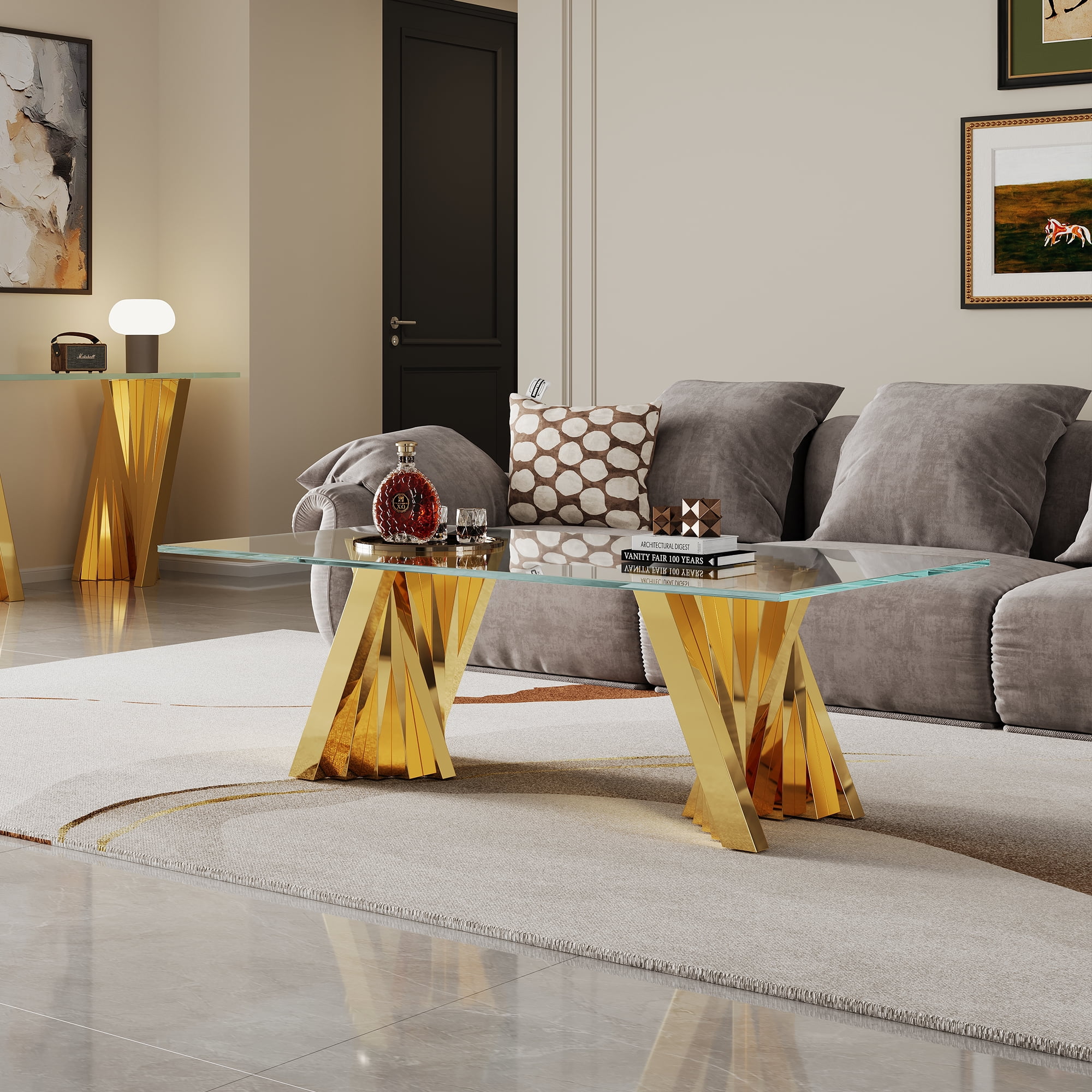 51" Glass Coffee Table with Rectangular Tempered Glass Top & Flash-Shaped Irregular Stainless Steel Base, Central Table, Cocktail Table, Tea Table for Living Room, Office.