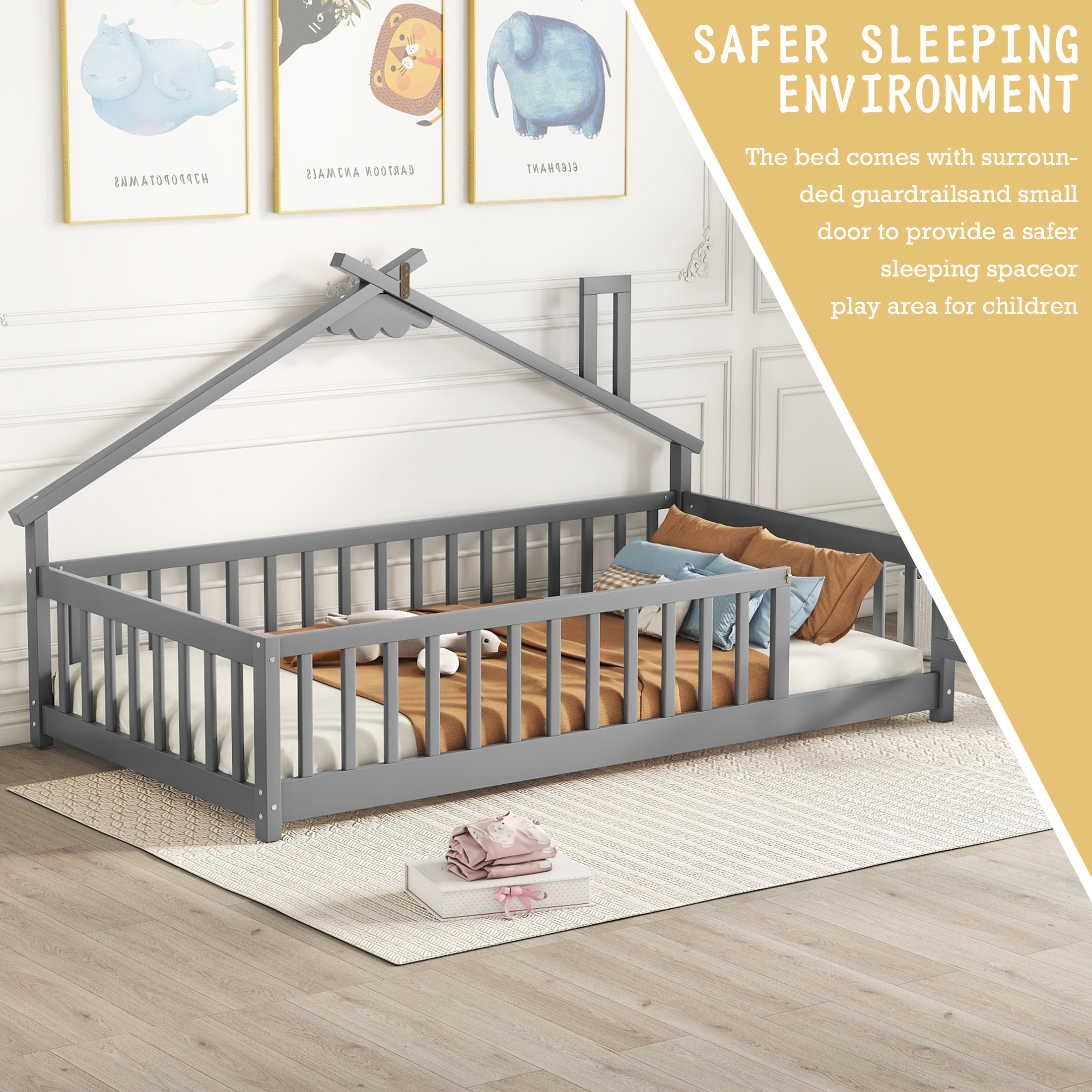 Aukfa Twin Bed Frame, House-Shaped Bedside Floor Bed with Full Length Guardrail Door, Gary