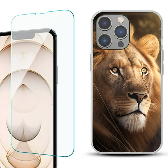 Slim-Fit TPU Phone Case for iPhone 14 Pro, with Tempered Glass Screen Protector, by OneToughShield ® - Lion