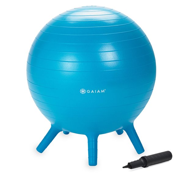 Gaiam Kids Stay-N-Play Pelota De Equilibrio Para Niños - Silla Escolar Flexible Escritorio Activo En El Aula Asiento Alternativo Patas De Estabilidad Suaves Integradas Incluye Bomba De Aire 45 Cm Azul
