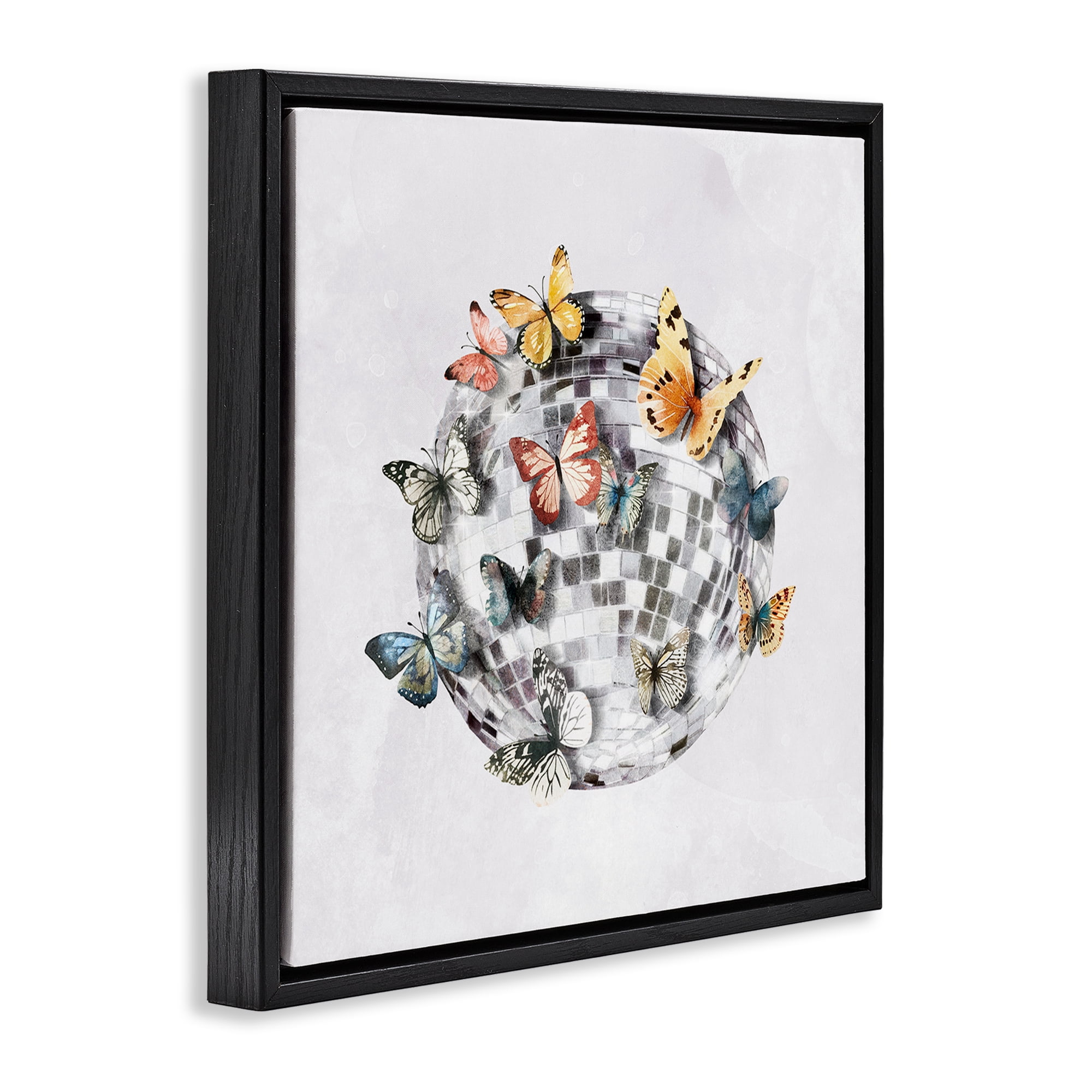 Stupell Industries Butterflies on Disco Ball Insects Painting Black Floater Framed Canvas Art Print Wall Art, 18 x 18