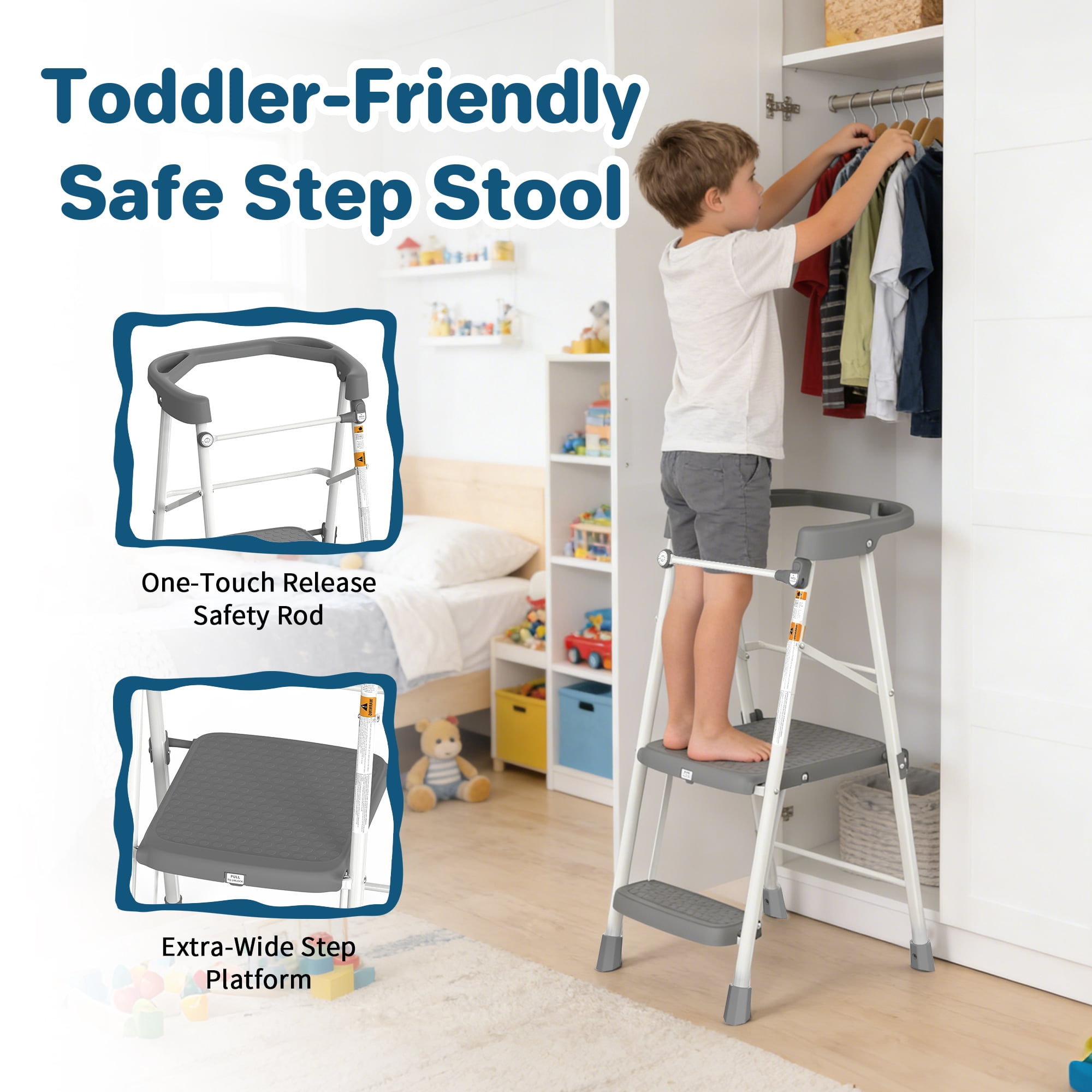 LevLad Toddler Kitchen Step Stool Helper for Kids, Foldable Learning Standing Tower for Kitchen Counter, Bathroom Sink, Gray