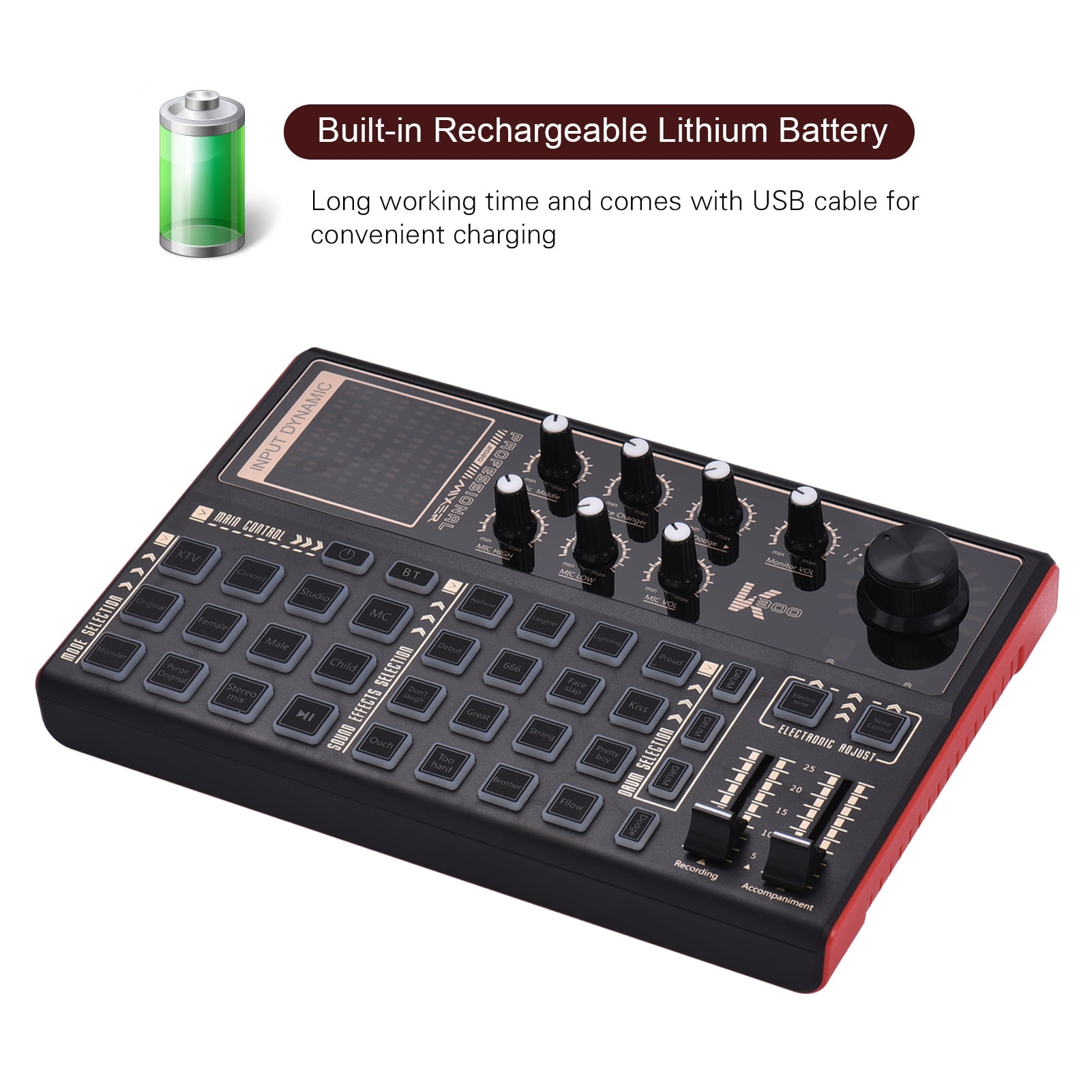 SK300 Live Audio Mixer Sound Card with Voice Changer - Built-in Rechargeable Battery and Multiple Sound Effects for Live Streaming, Music Recording, Gaming, and Karaoke on Smartphones or Computers