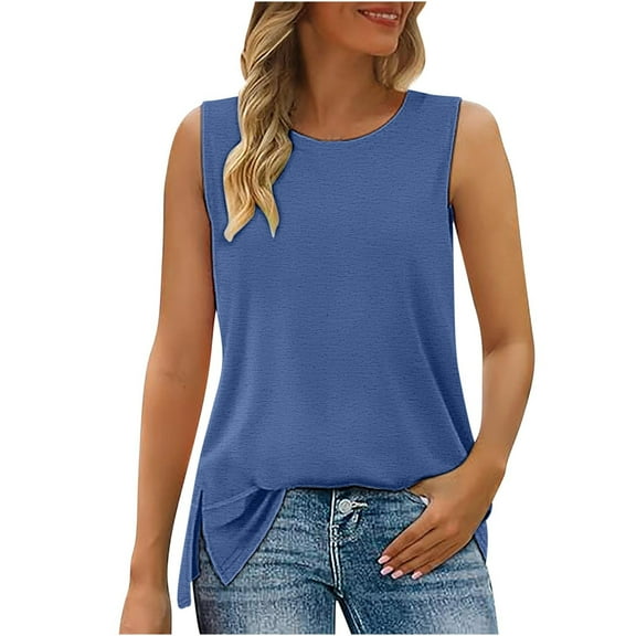 TKLPEHG Tank Tops for Women Crew Neck Tank Top Loose Comfy Lightweight Solid Color Fashion Sleeveless T Shirt Casual Summer Clothes Blouses (Blue,L)
