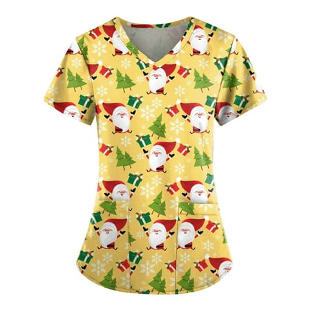 

DENGDENG Unisex Scrubs V Neck Christmas Nursing Uniforms Ladies Tops and Blouses with Pockets Holiday Oversized T Shirts for Women Clearance Short Sleeve Santa Print Ladies Blouses/shirts Yellow XXL