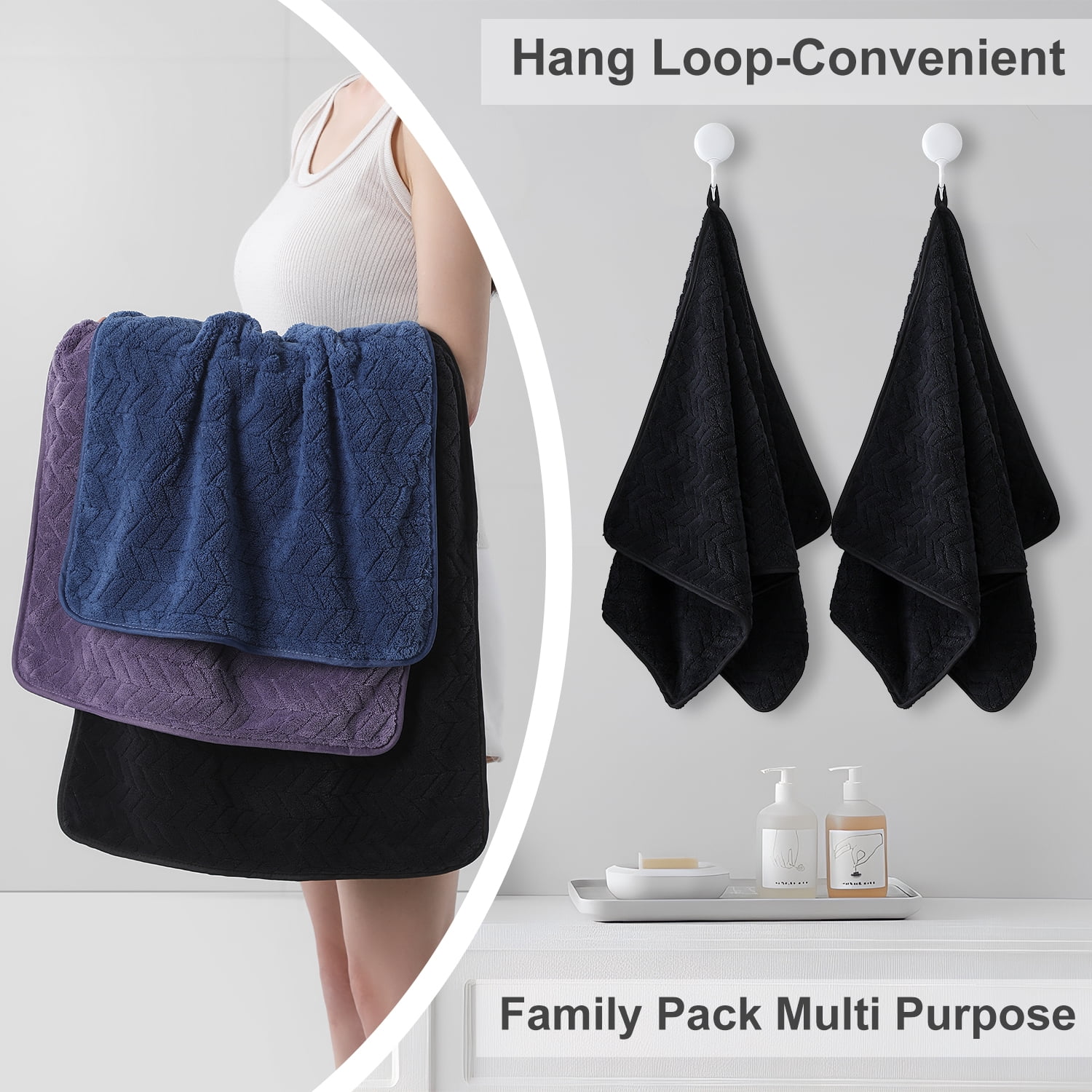 Jessy Home 12 Pack Black Hand Towel Set 16"x31" Soft Highly Absorbent Quick Dry Bathroom Bath Hand Towels Microfiber Plush Towels