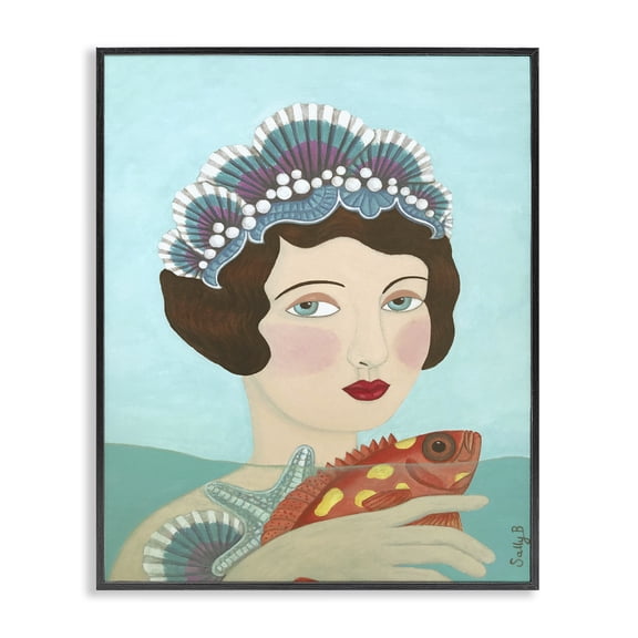 Stupell Industries Eclectic Woman And Fish Black Framed Giclee Art, 11 x 14, by Sally B