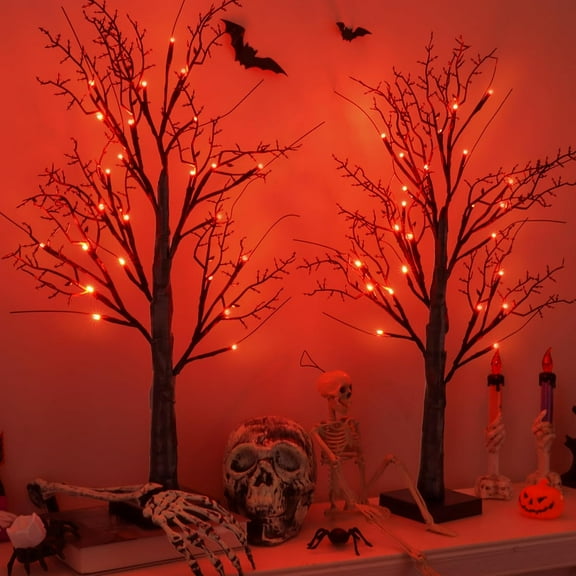 Halloween Indoor Decorations 2 Pack 24 Inch Black Halloween Tree with 24 Orange Led Lights, Timer/USB/Battery Operated Lighted Spooky Tabletop Tree for Halloween Decor Home Table Holiday Party