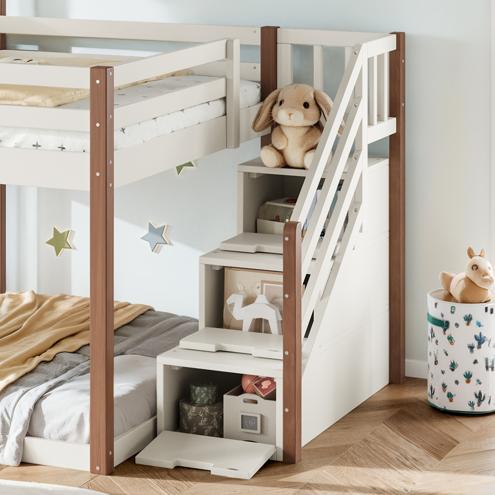 Leumius Full over Full House Bunk Bed with Storage Stairs, Kids Playhouse Bunk Bed with Roof and Windows, Solid Wood Bed Frame with Multifunctional Lower Space, Beige & Natural