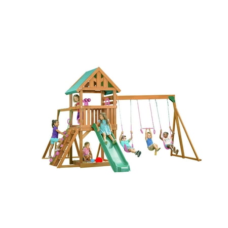 Creative Cedar Designs Mountain View Wooden Swing Set with Tarp Roof with Pink Accessories & Green Slide
