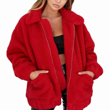 Women's Berber Fleece Lapel Loose Solid Color Fleece Lined Thickened Jacket Coat Blouse Top,Red