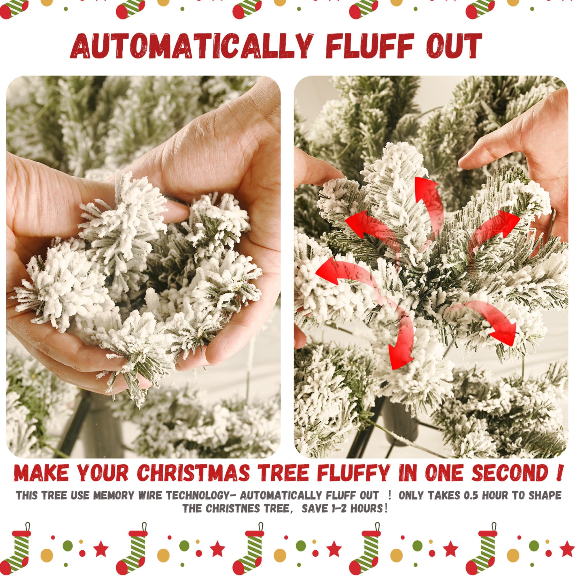 DEALTOPS 7.5 FT Pre-Lit Flocked Artificial Christmas Tree with 400 G45 LED Lights, 10 Modes & 1523 Tips