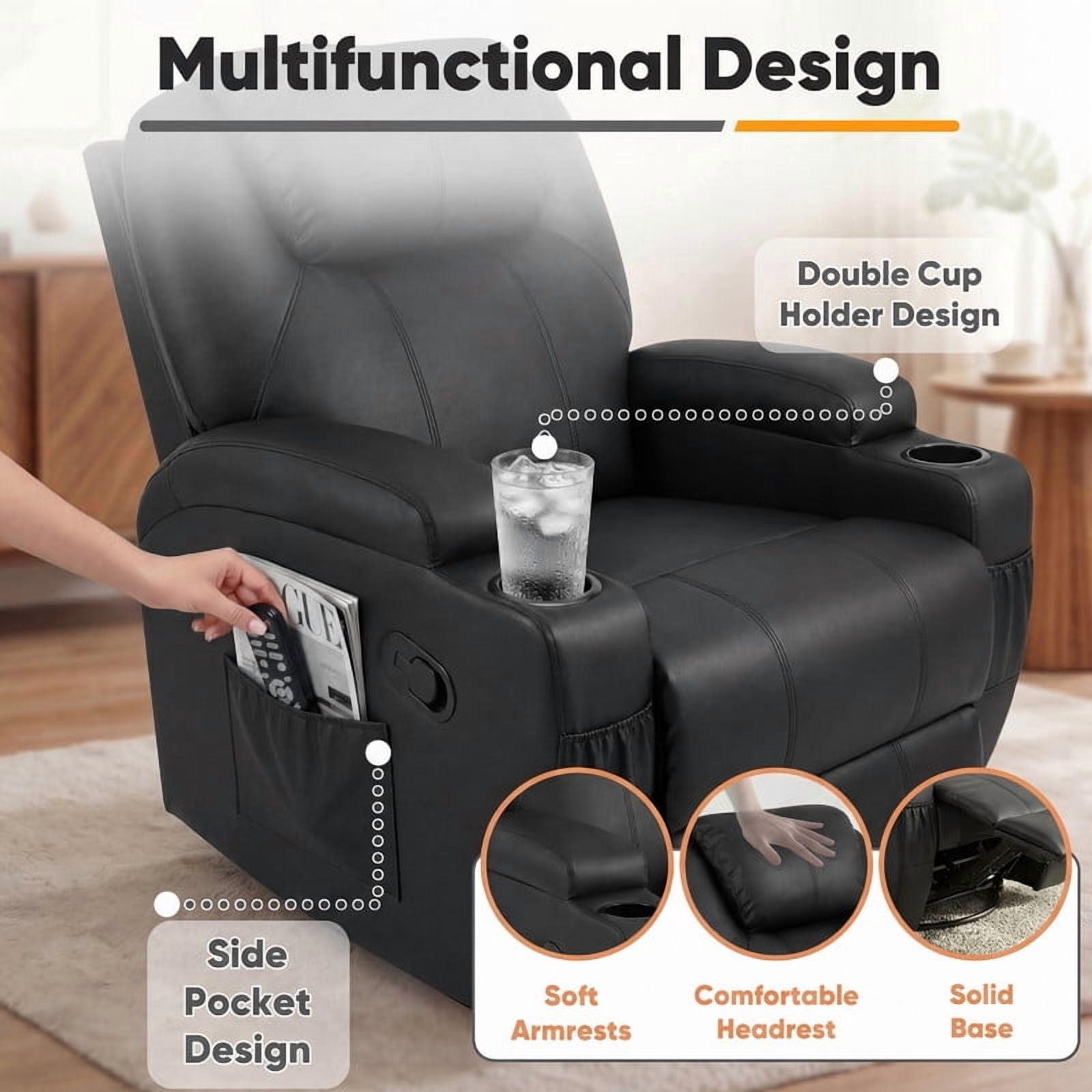 Lacoo PU Leather Swivel Rocker Recliner with Massage for Living Room Small Spaces Lounge Recliner Chair with Side Pockets for Adults,PU Black