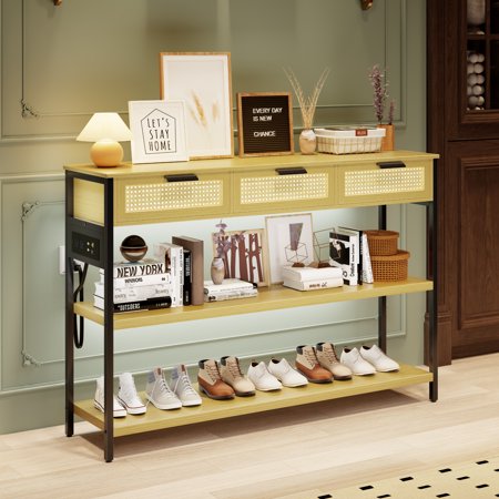 46" Console Table with Outlets, Entryway Table with 3 Rattan Drawers and Lights, Narrow Sofa Table with 3 Tier Storage Shelves for Hallway/Couch/Living Room/Kitchen