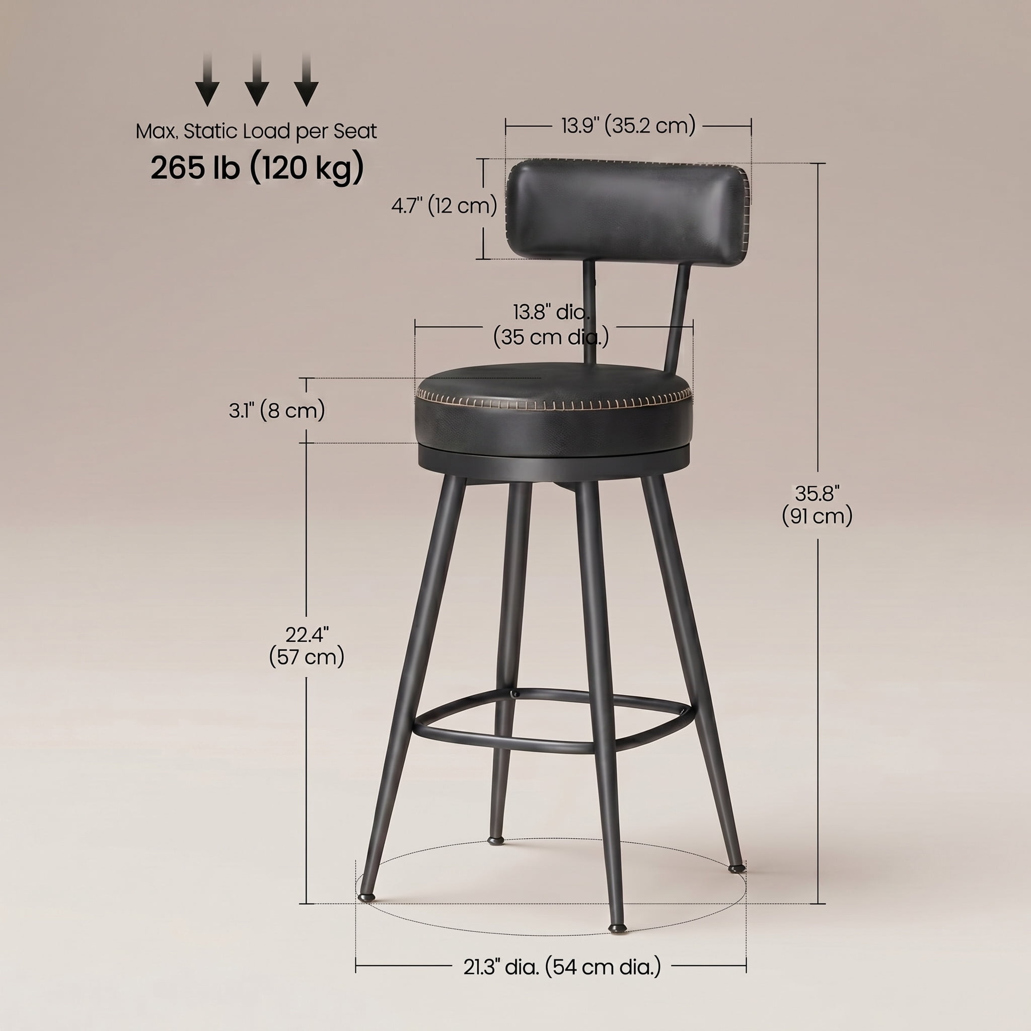 25.6 in. Ink Black Swivel Counter Height Bar Stools with Back and Synthetic Leather (Set of 2)