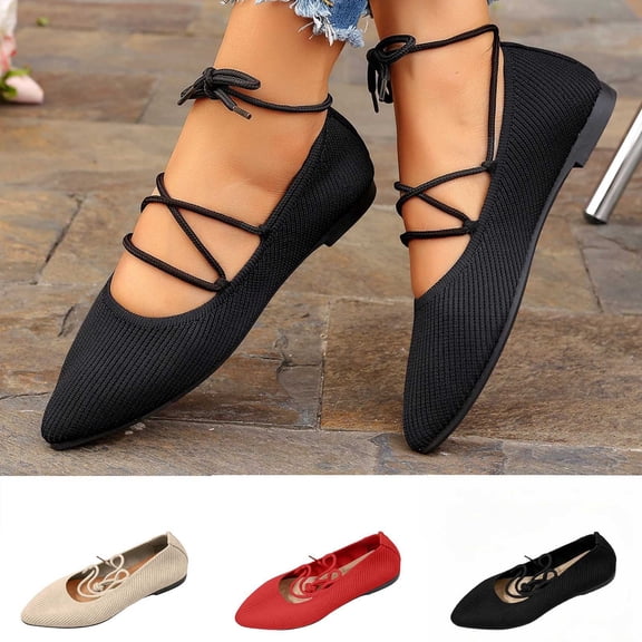 Miluxas Women’s Knit Pointed Toe Flats, Adjustable Crisscross Ankle Tie Straps Slip On Ballet Shoes, Lace up Non Slip Casual Walking Dress Flats White 9.5(43)