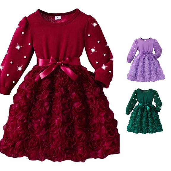 Vividxx Girls Dresses Flower Long Sleeve Dress Elegant Party Fall Dress for Toddler and Kids Daily Wear 3-4 Years