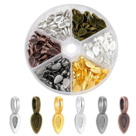 1 Set 120pcs 6 Colors Tibetan Style Alloy Glue-on Flat Pad Bails Leaf Bails Pendants Charms Connector Hanger for Jewelry Making