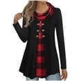 thumbnail image 2 of Craaazy Womens Shirts Solid Color Plaid Shirts Cowl Neck Long Sleeve Buttons Tunic Tops Gifts For Women, 2 of 3