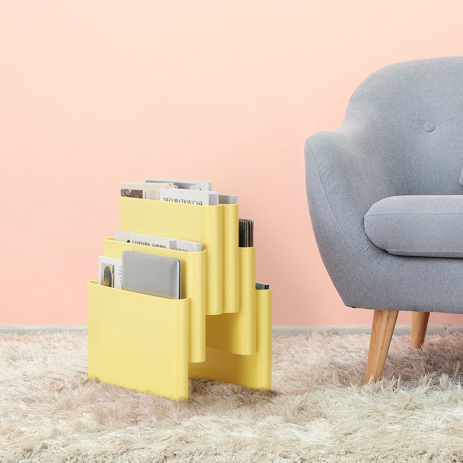 Freestanding Six Pocket Plastic Magazine Rack File Holder, Yellow