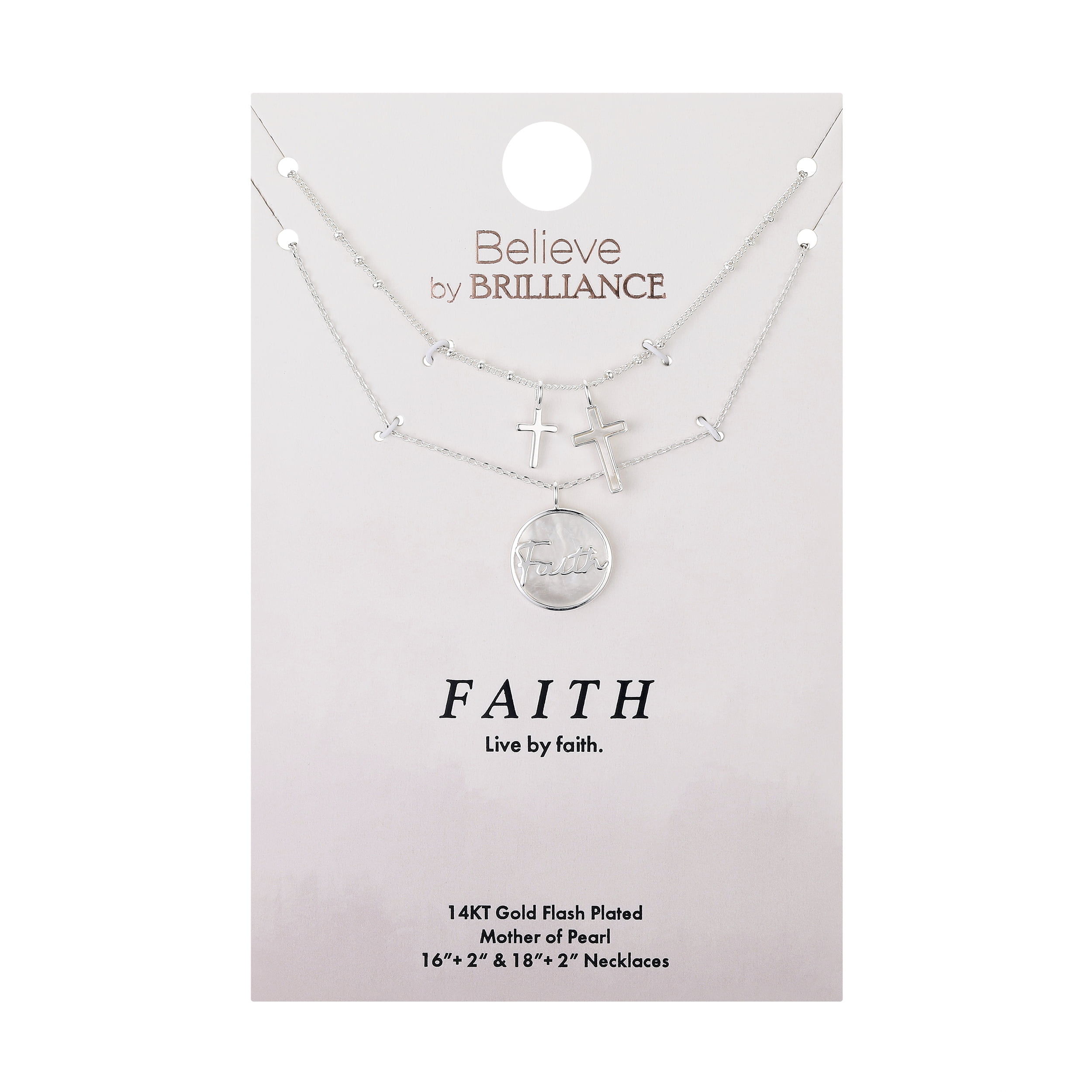 Believe by Brilliance Women's 14Kt Gold Flash Plated Genuine Mother of Pearl "Faith" Cross Layered Pendant Necklace, 16+2" & 18+2" Exteneder