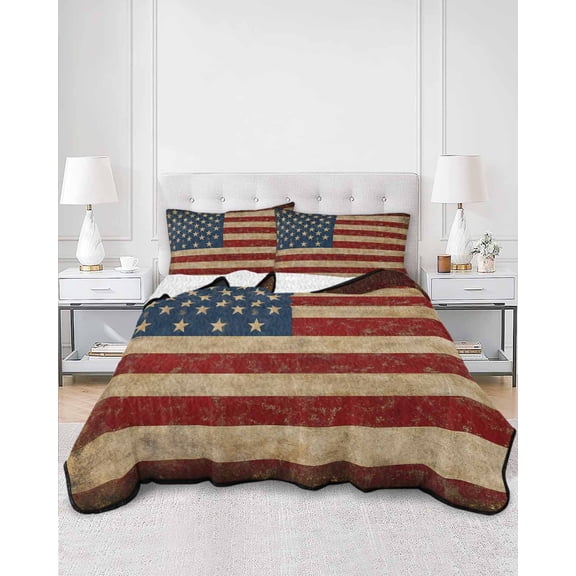 Quilts Full Size, Vintage American Flag Soft Comforter Bedding Set for Bed, Retro USA Flag Blue Red Lightweight Quilted Bedspread with Pillow Cover(2 Pieces) for All Season, 78x90 Inch