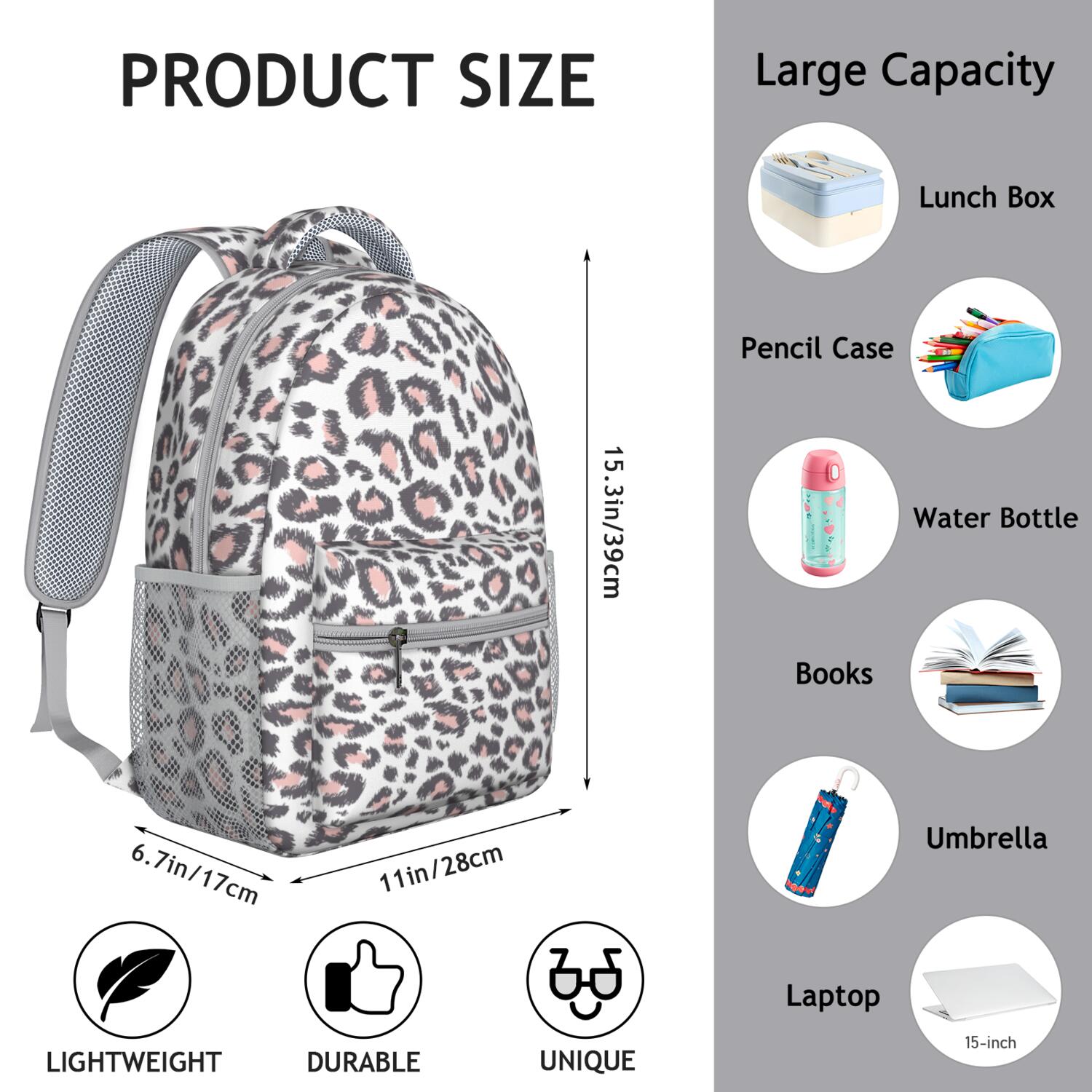 Leopard Print Backpack for School,Cute School Bag,Schoolbag with Adjustable Shoulder Straps & Padded Back,15.3"x11"x6.7"