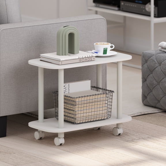 Furinno Turn-N-Tube 2-Tier Oval Sofa Side Table with Wheels, Round Corner White End Table, Night Stand, Bedside Table with Open Shelf, Toolless Assembly, for Living Room, Bedroom, Plain White