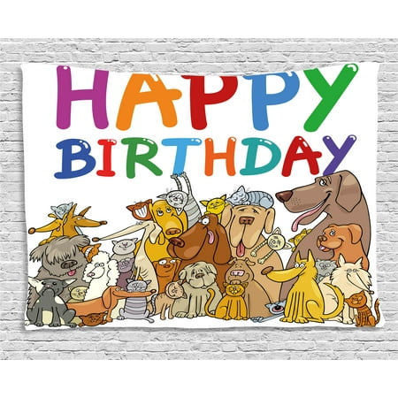 Dog Themed Bedrooms Birthday Decorations for Kids Tapestry, Cartoon Streets Dogs Cats Animals Party Themed Quote Print, Wall Hanging for Bedroom Living Room Dorm Decor, 60W X 40L Inches, Multicolor, by Ambesonne ()