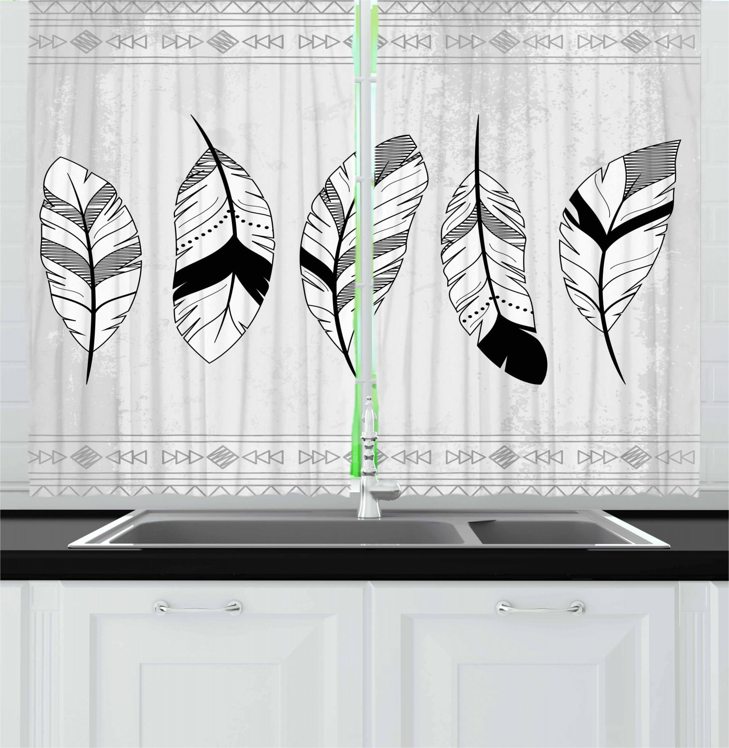 Feather Curtains 2 Panels Set, Stylized Doodle Borders with Triangle Motifs Artistic Bohemian Western, Window Drapes for Living Room Bedroom, 55W X 39L Inches, Black White Pale Grey, by Ambesonne