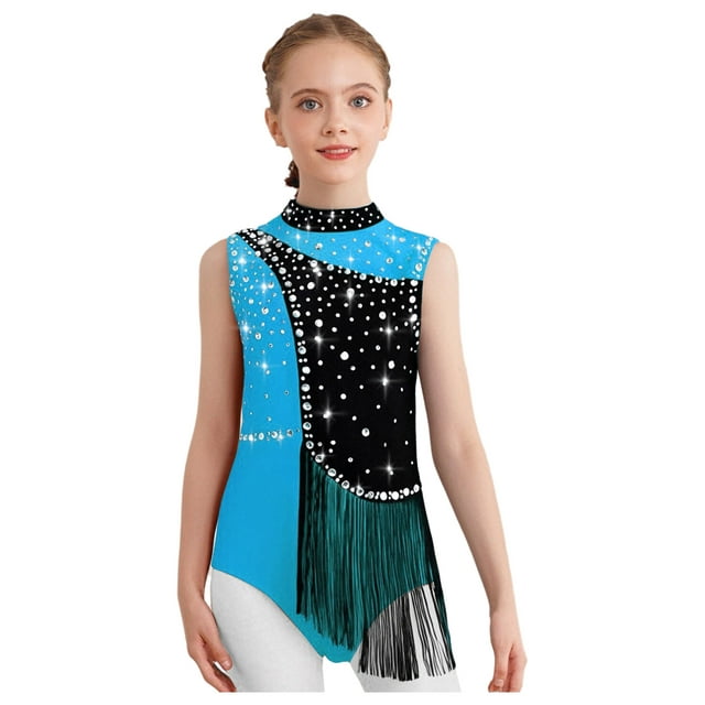 vastwit Robe de Patinage Artistique Sans Manches à Franges en Strass pour Filles Enfants Justaucorps de Ballet Lyrique Bleu Clair 10