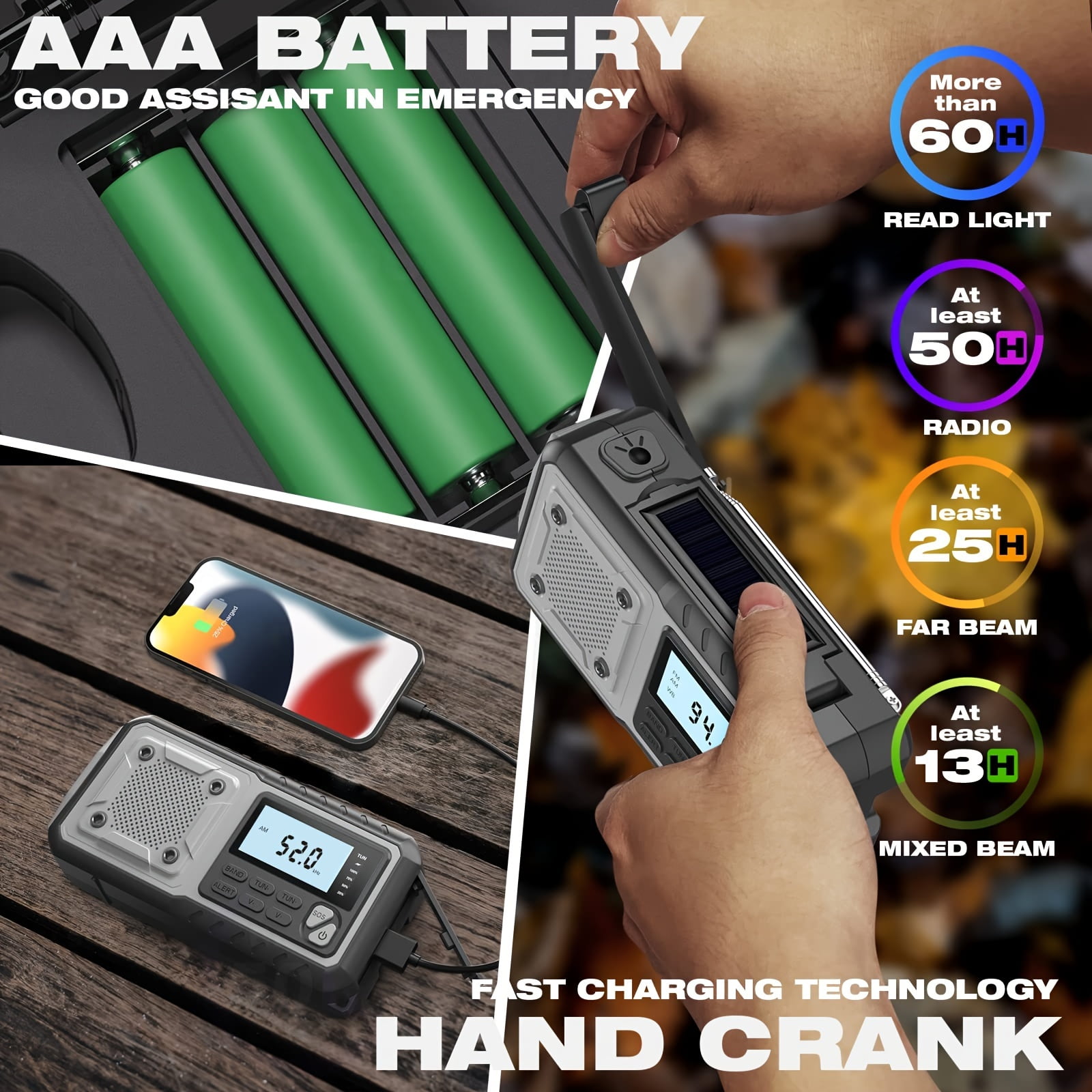 Solar Hand Crank Emergency Weather Radio, 5000mAh NOAA AM FM Battery Powered with Flashlight, Reading Lamp, SOS Alarm for Outdoor Survival Gift
