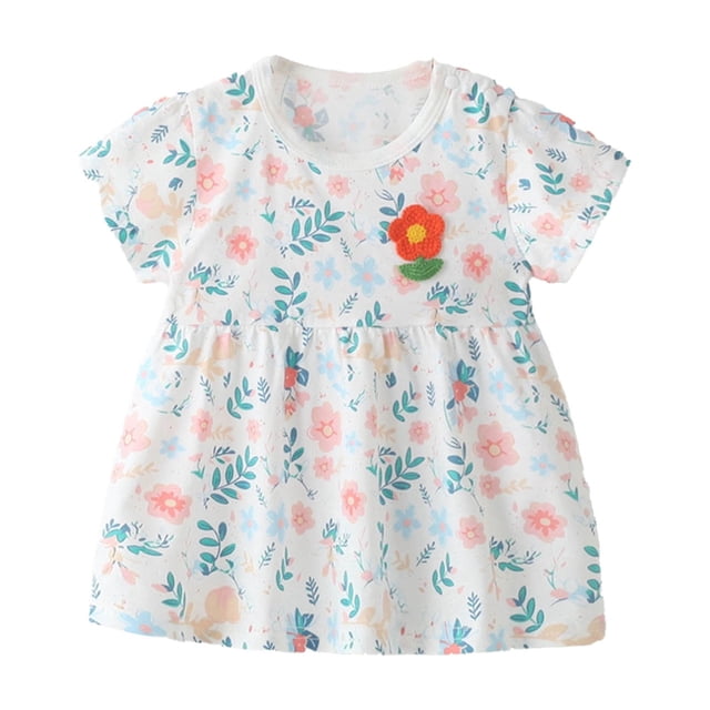 Robes Décontractées pour Bébés Filles Été Imprimé Floral Col Rond Manches Courtes Robe Ample de Vacances, Rose, 1-2 Ans