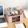 Organizador de escritorio multifuncional con 2 cajones y 5 compartimentos | Portalápices de plástico para material escolar | Azul, rosa o blanco